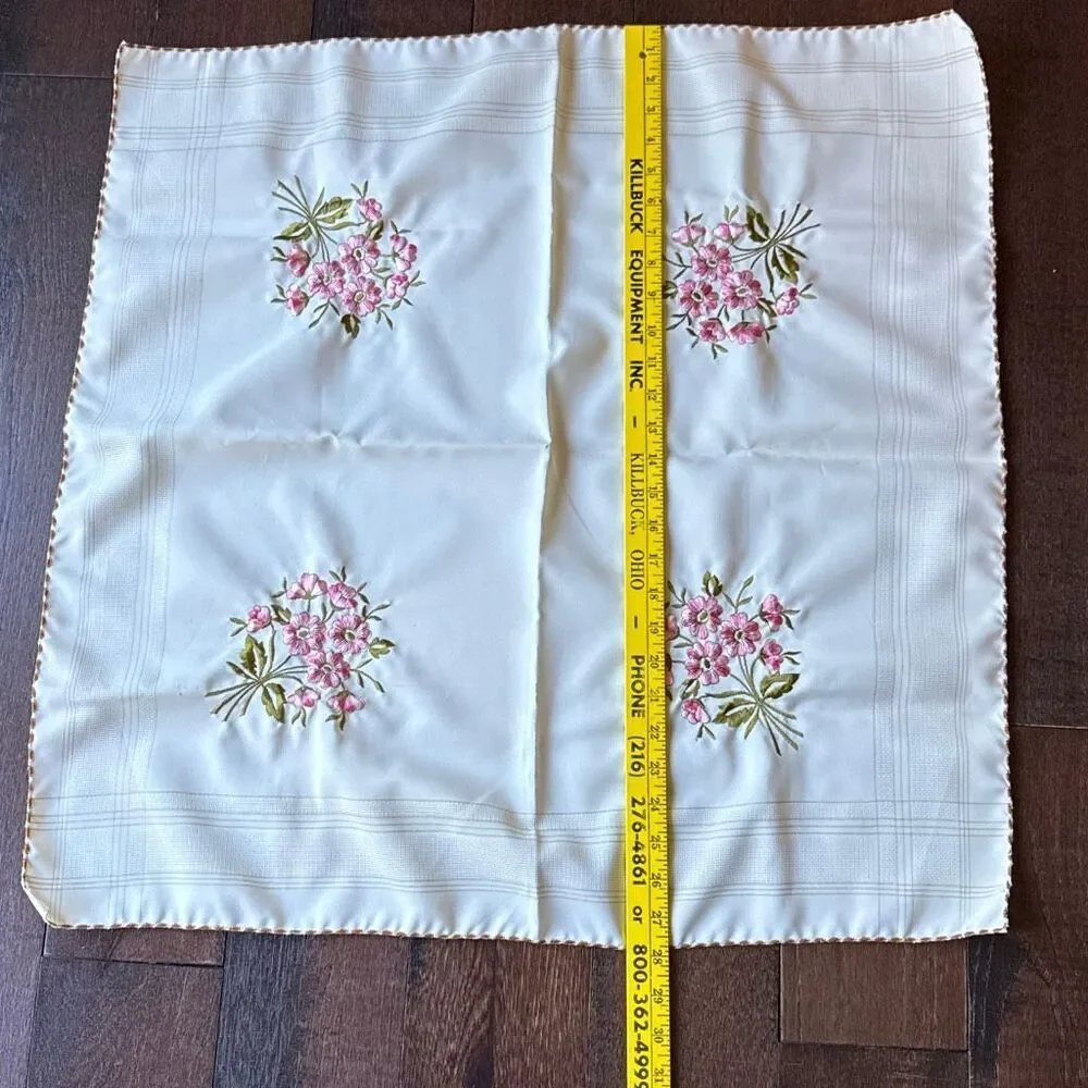 Vintage handmade napkin handkerchief cream with‎ embroidered pink flowers shabby